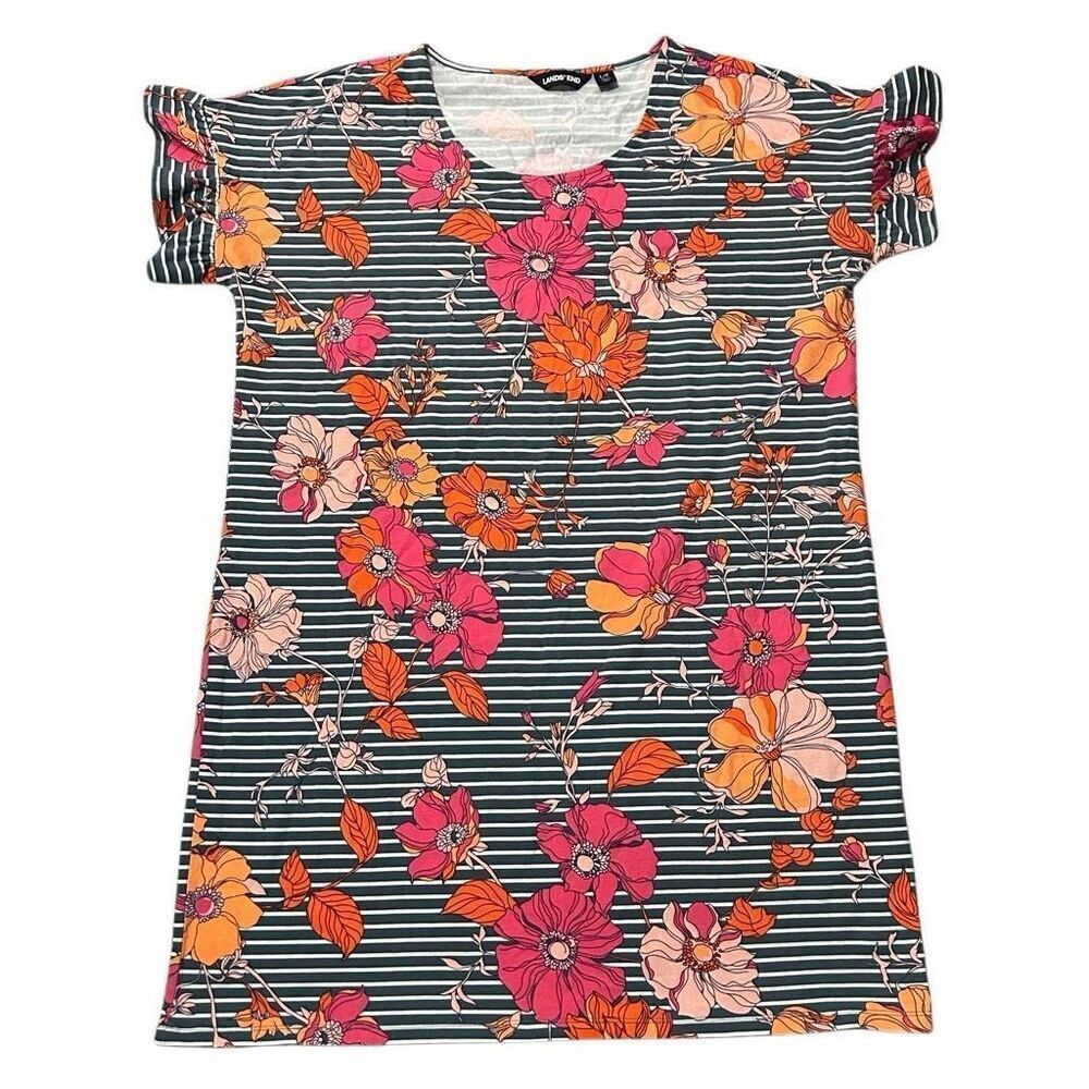 LANDS’ END Floral T-Shirt Dress Ruffle Sleeve Orange Pink Gray Green Size Large